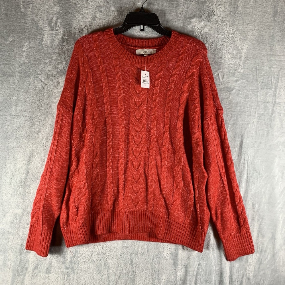 Loft Womens Sweater Cable Knit XL Red Crew Neck Pull Over  NWT Holiday Christmas
